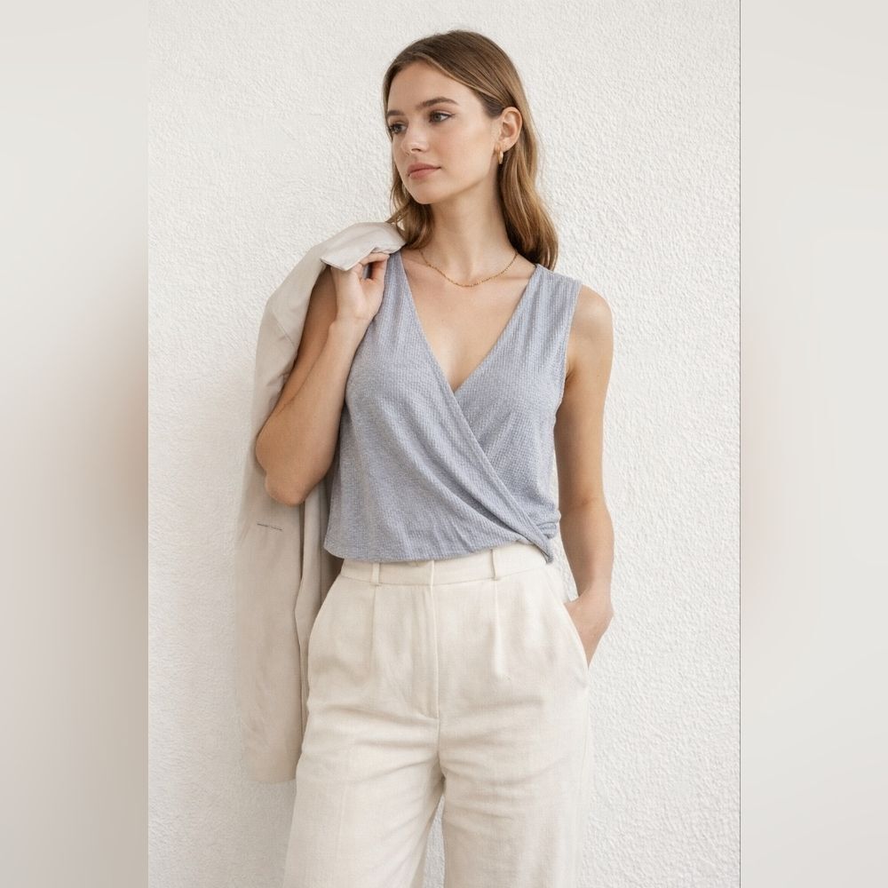 Antistar Blue Gray Ribbed Faux Wrap Sleeveless Top Small Soft Norm Clean Girl